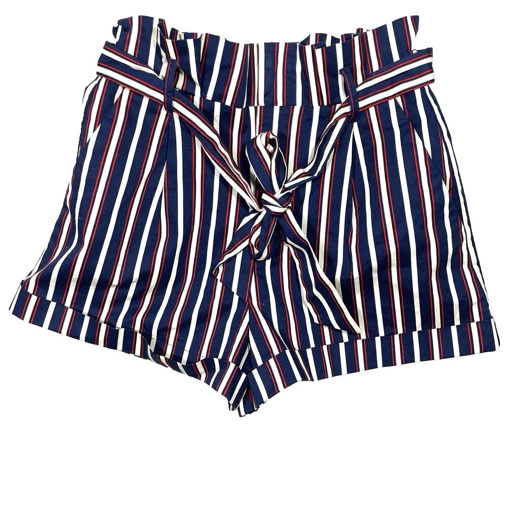 Forever 21 Women’s Paperbag Striped Shorts Size XS Red White Blue Belted Cuffed